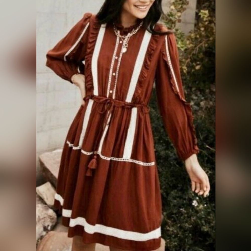 Bohme Zoe Dress with Ruffles Lace Brown White Cottagecore Long Sleeve Medium